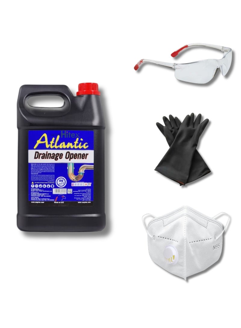 هيتكس طقم فتح مصارف - سائل لفتح المصارف سعة ٥ كجم مع قفازات ونظارات وقناع | مزيل انسداد فعال للمطابخ والحمامات ومصارف الأرضيات - Image 1